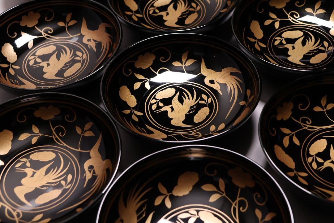 【MA723】木製漆器 長寛写 金蒔絵 黒塗木皿 二十客 吉祥鶴 菓子皿 小皿