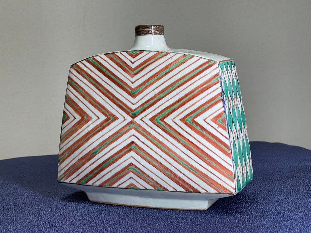 色絵 扁壺 鈴木清 作　鈴木爽司 極め箱書き 桐箱入