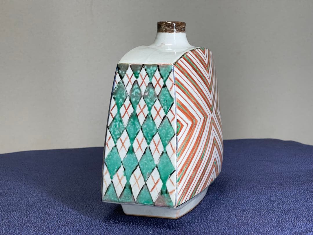 色絵 扁壺 鈴木清 作　鈴木爽司 極め箱書き 桐箱入