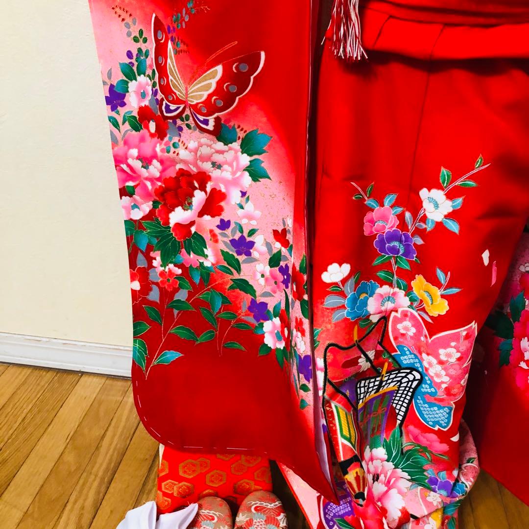 七五三七歳❣️豪華赤地手毬御所車花々金彩⭐︎作り帯楽々⭐︎完全フルセット銘品