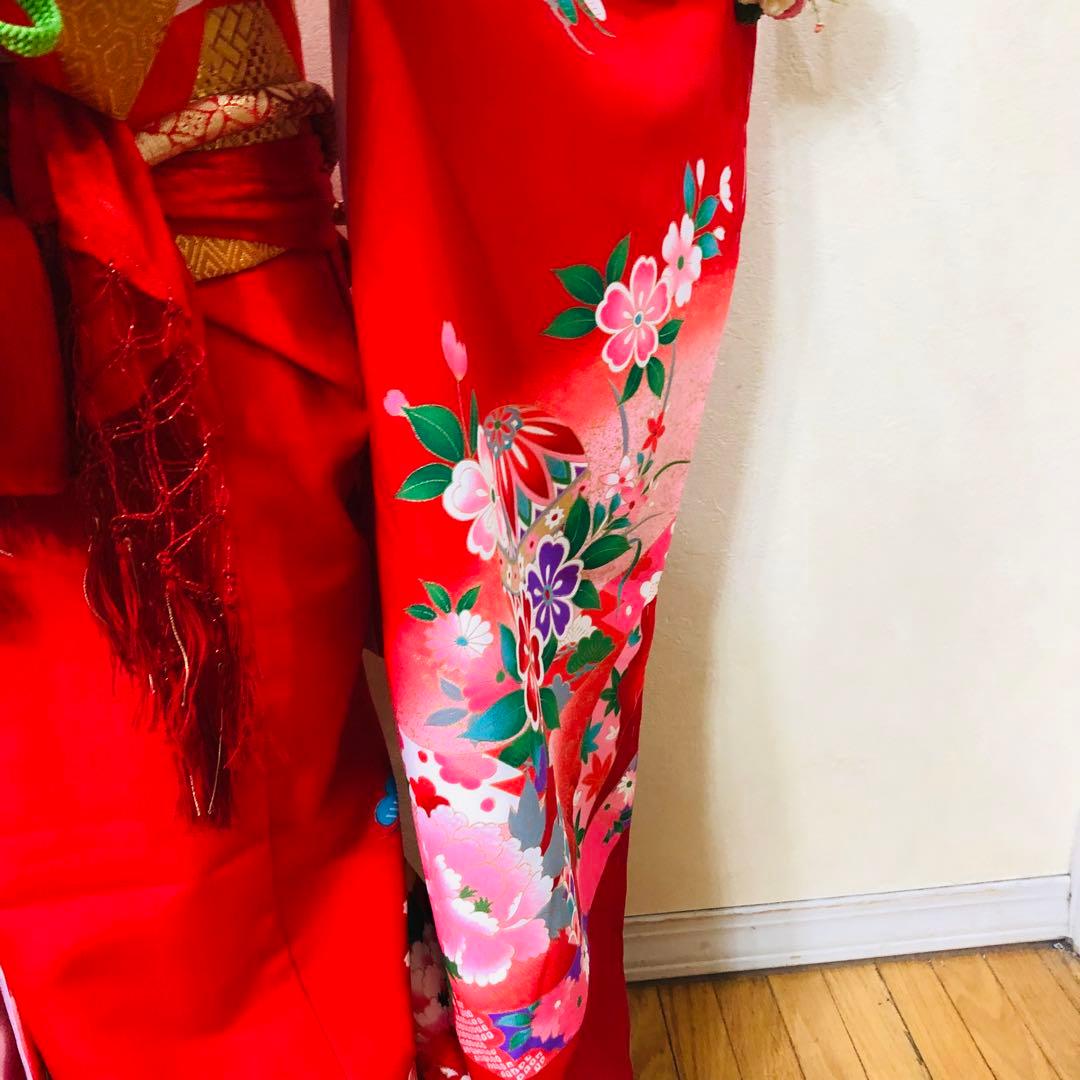 七五三七歳❣️豪華赤地手毬御所車花々金彩⭐︎作り帯楽々⭐︎完全フルセット銘品