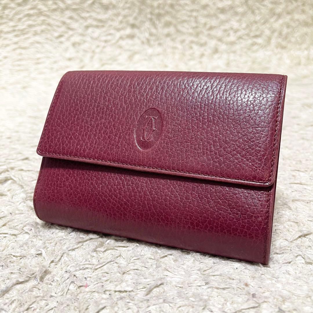 良品】カルティエ 三つ折り財布 がま口 レザー ボルドー ゴールド金具