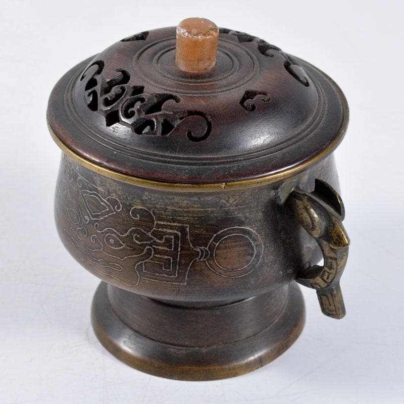 中国　古銅　象嵌神獣文　香炉　透かし唐木蓋　合せ箱　H　R4659