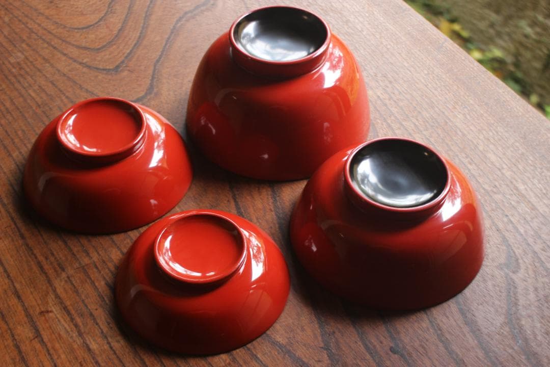 極小傷有！時代黒漆に風情ある朱漆菊文の映えるお椀2点（検輪島塗懐石