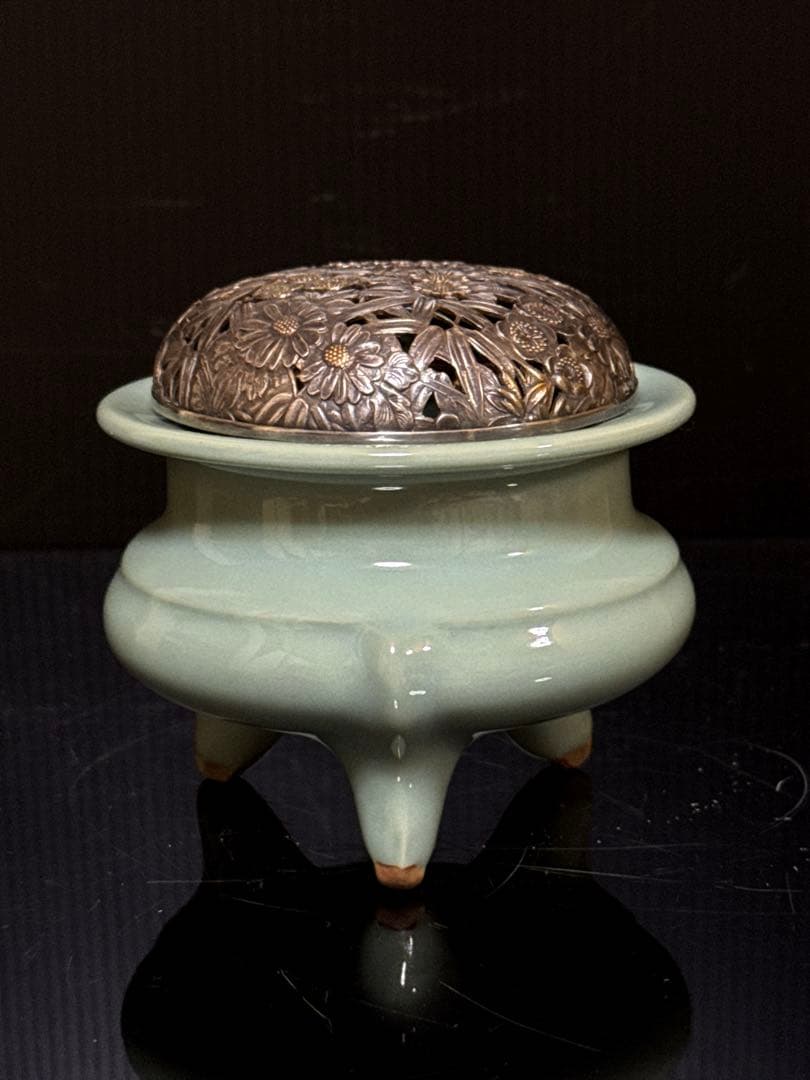 純銀 刻印 火屋付 青磁袴腰型 香炉 桐箱付 茶道具