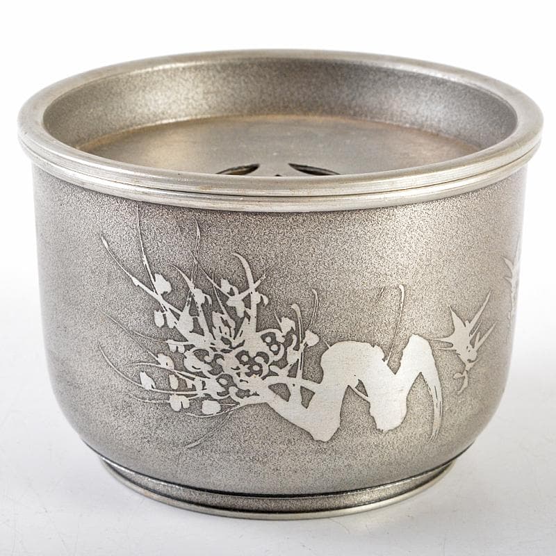 煎茶道具 林亭瑞製 錫製 四君子文 茶こぼし 約287g 時代箱