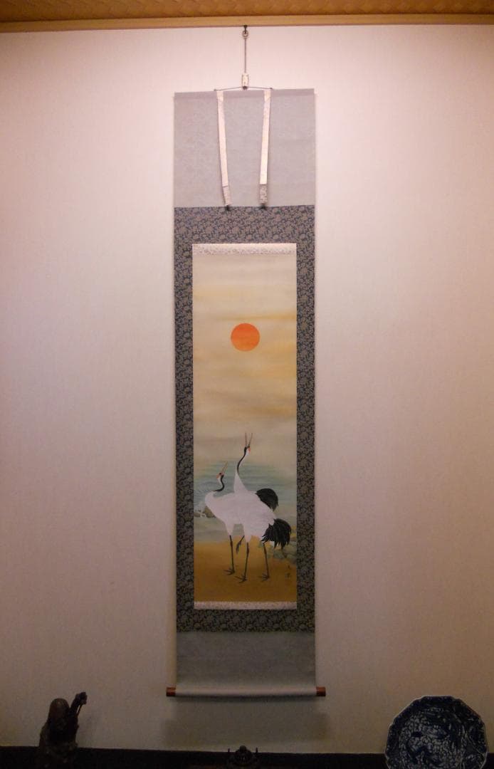 掛け軸 秀凰 双鶴 絹本 希少 軸装 茶道具 掛軸 美品 です。