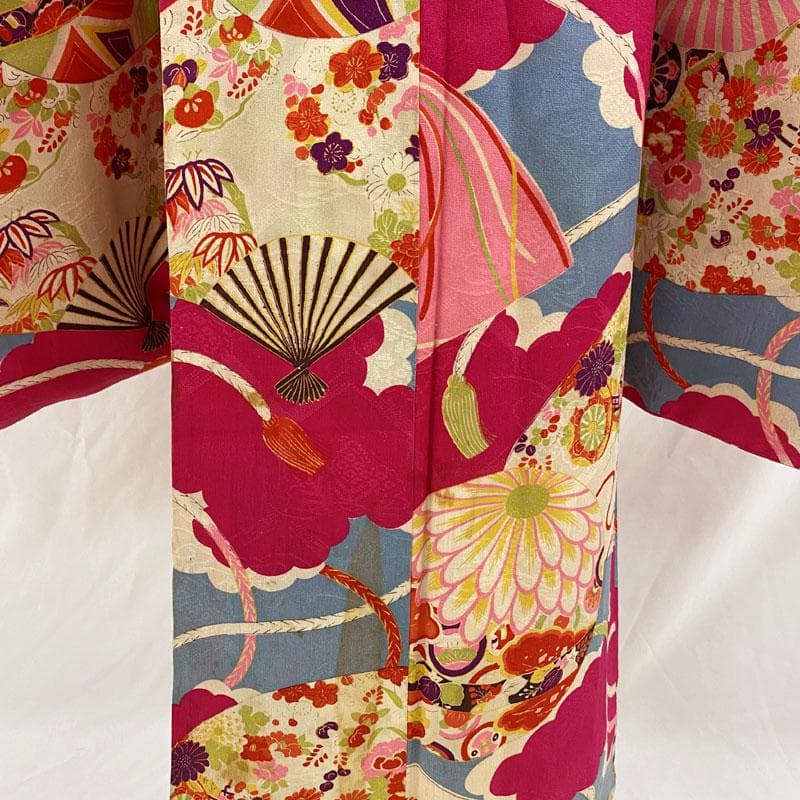 508ag8◎七五三 七歳 女児 アンティーク着物&開き帯 総柄 レトロ◎