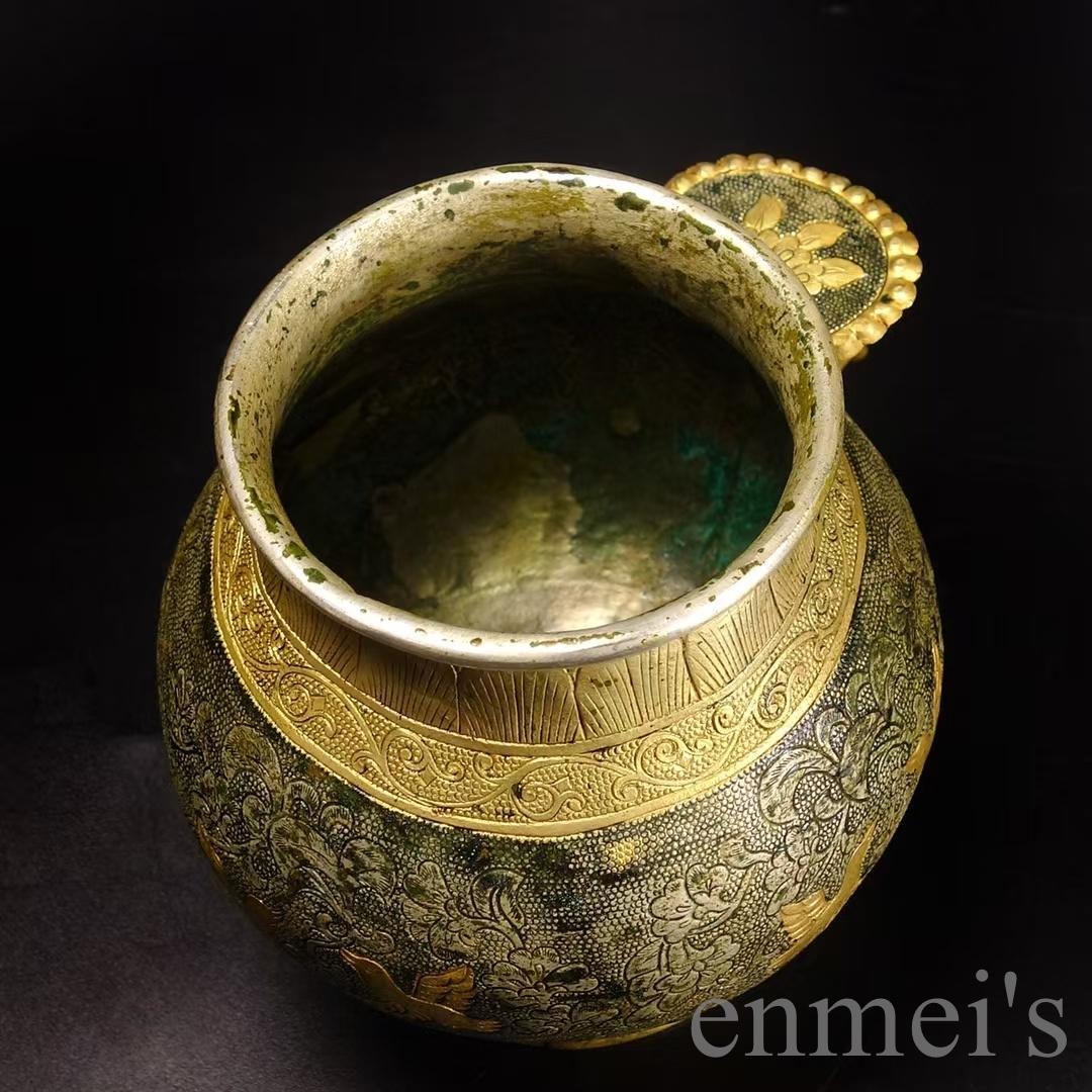 中国古美術 唐風 描金 純銅製 鏨刻罐 供物器 細密細工 置物 賞物 擺件 唐物