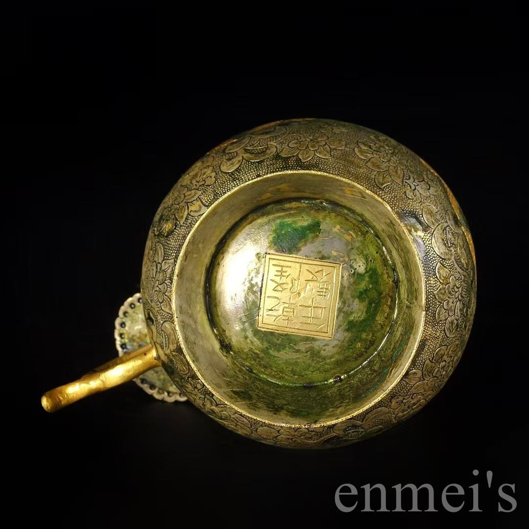 中国古美術 唐風 描金 純銅製 鏨刻罐 供物器 細密細工 置物 賞