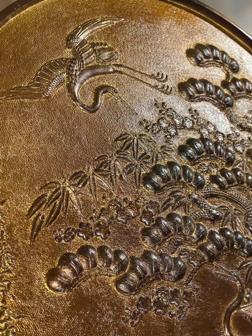 希少 特大 和鏡 銅鏡 鏡師 野田和泉守 藤原金益 松竹梅 鶴亀 骨董 柄鏡