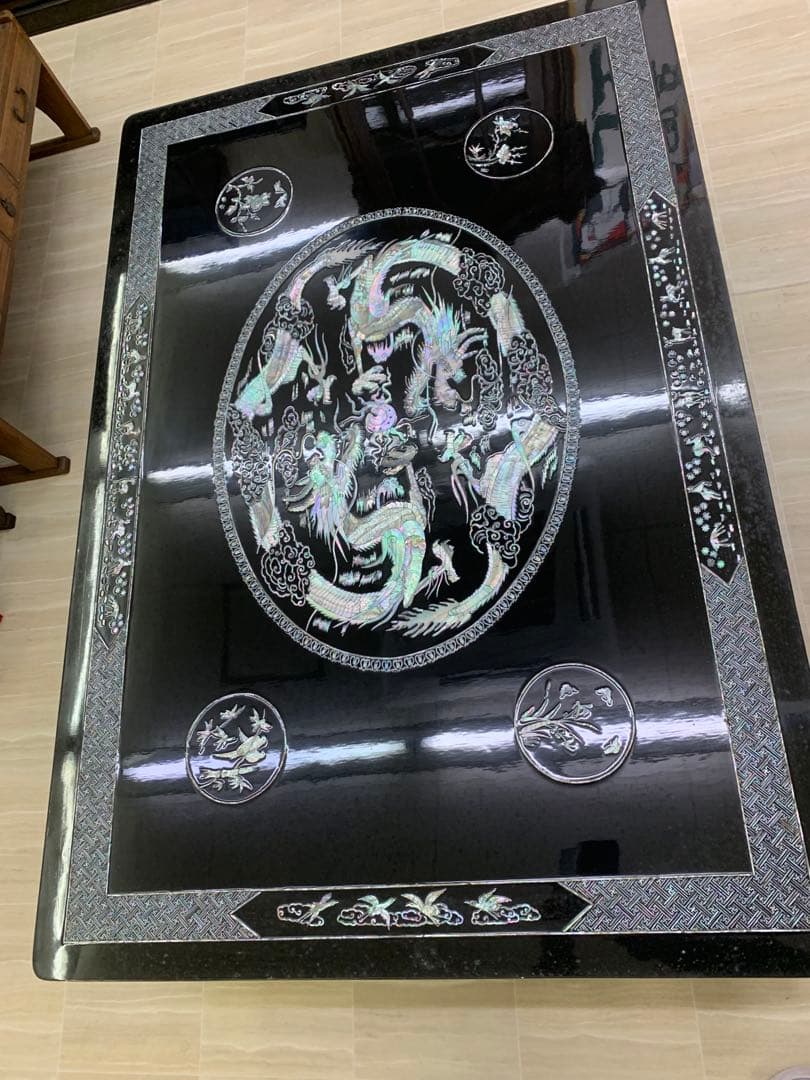 螺鈿細工 韓国伝統工芸 大型座卓 ドラゴン彫刻 年代物 骨董品