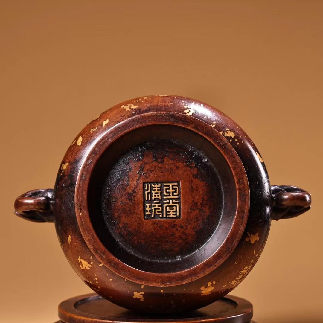 中国古美術・旧蔵鏨刻鍍金の熏香炉・純赤銅・純手作り・高
