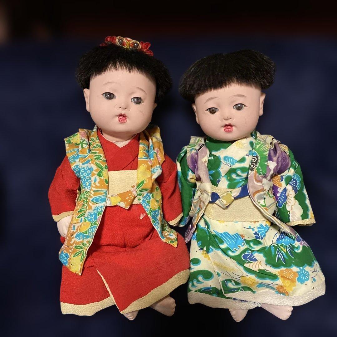 市松人形 幼人形 お座り人形 ペア 2体 昭和初期 25cm - メルカリ