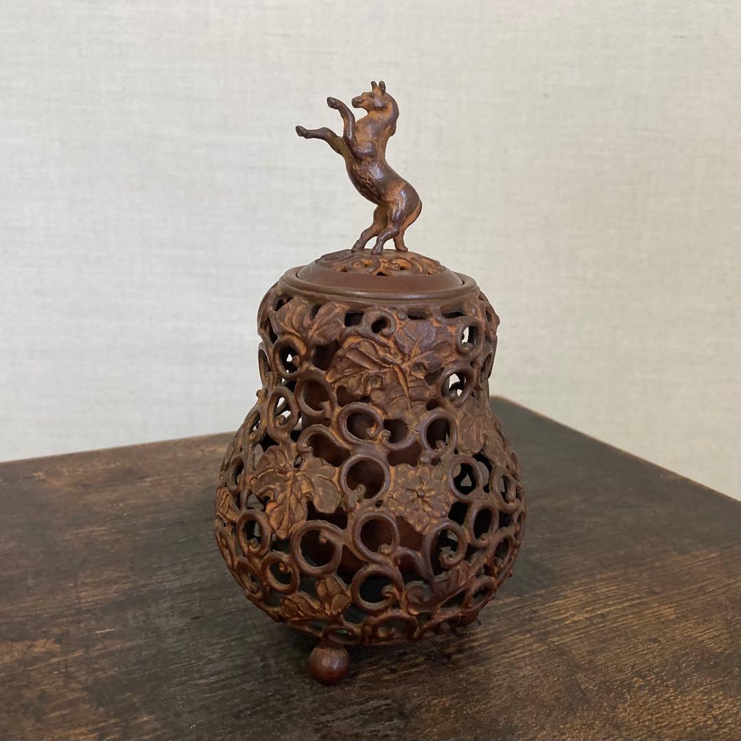 名取川雅司 高岡銅器 香炉 瓢箪 馬 干支 午 透し 置物 美術 工芸品 レトロ
