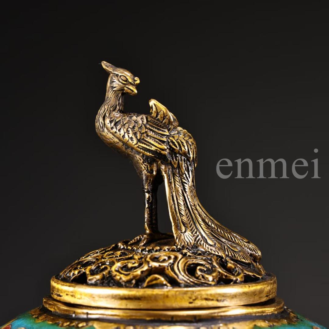 珍品旧藏・赤青琺瑯装飾双対香炉・高浮彫鏨刻・鎏金鳳