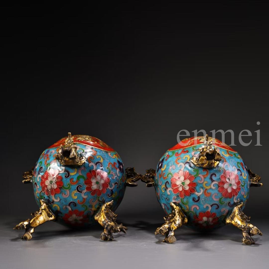 珍品旧藏・赤青琺瑯装飾双対香炉・高浮彫鏨刻・鎏金鳳