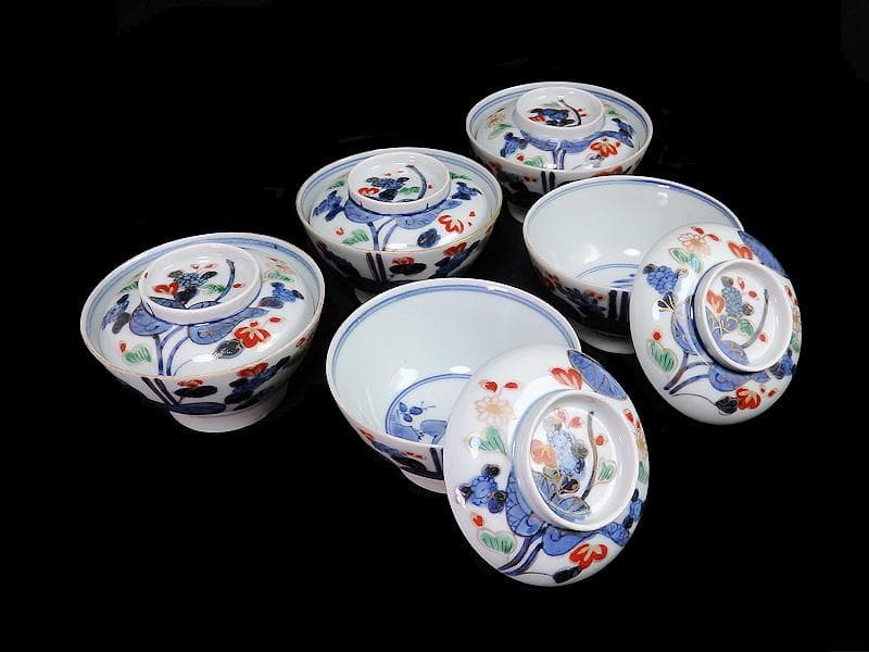 古伊万里　染錦　河骨紋の図　広東型　蓋茶碗　５客　C859AS-CEw 古伊万里 染錦 河骨紋の図 広東型 蓋茶碗 5客 C859AS-CEw