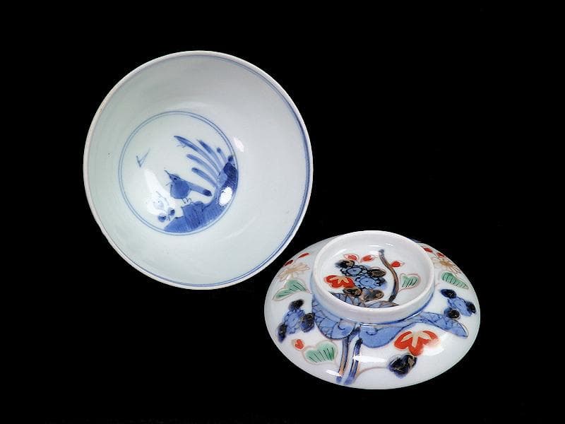 古伊万里染錦河骨紋の図広東型蓋茶碗5客C859AS-CEw