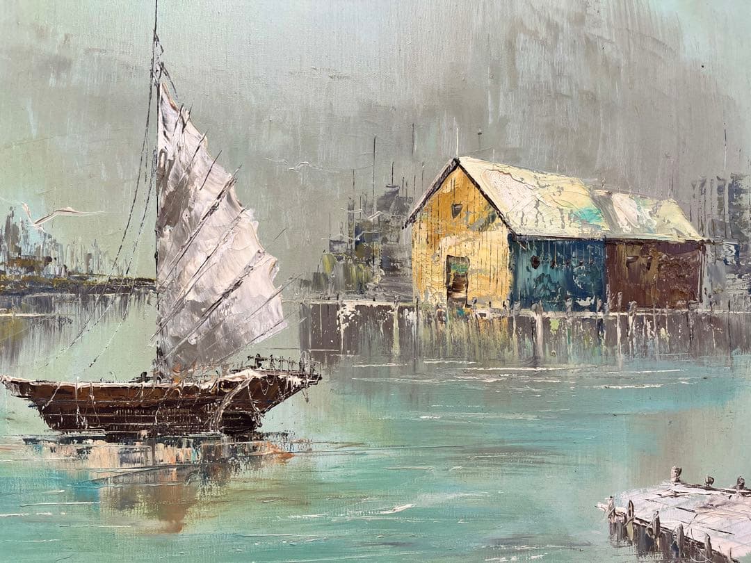 【貴重】ヨットハーバー油絵　豪華額装付