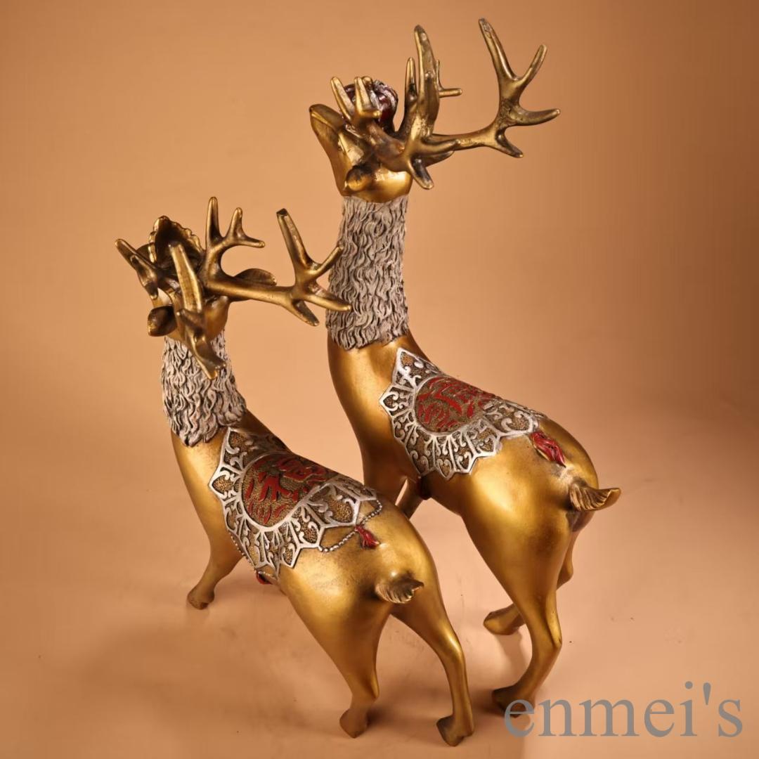 中国古美術 旧蔵 鏨刻描金彩絵 招財鹿一対 純銅 高浮彫 極細