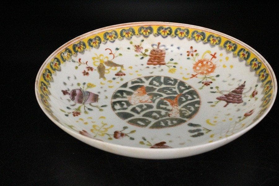 中国美術 色絵 魚紋 盤 φ18cm 光緒年製款 旧家蔵出