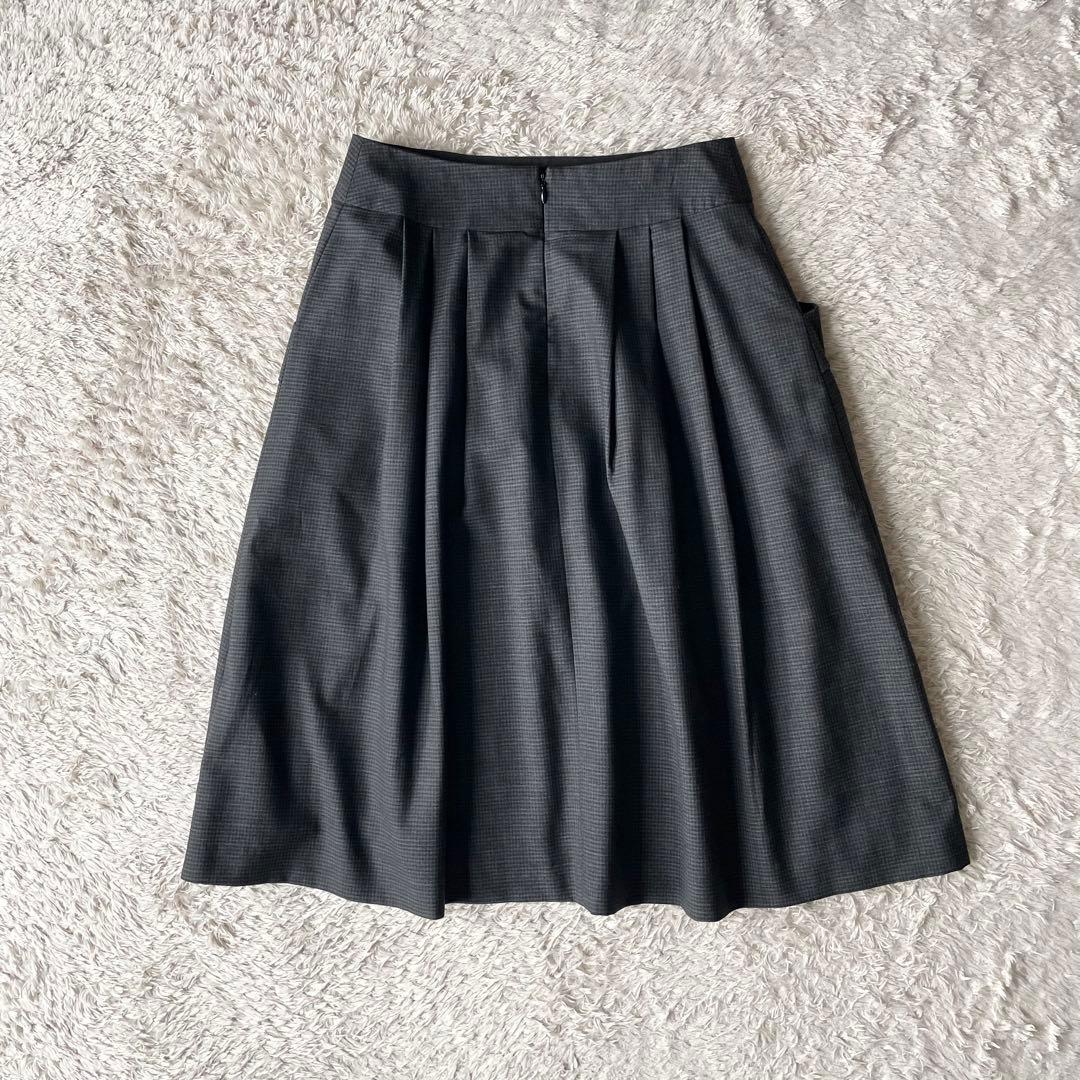 マーガレットハウエル 美品 ウールタックスカート 2 チェックグレー