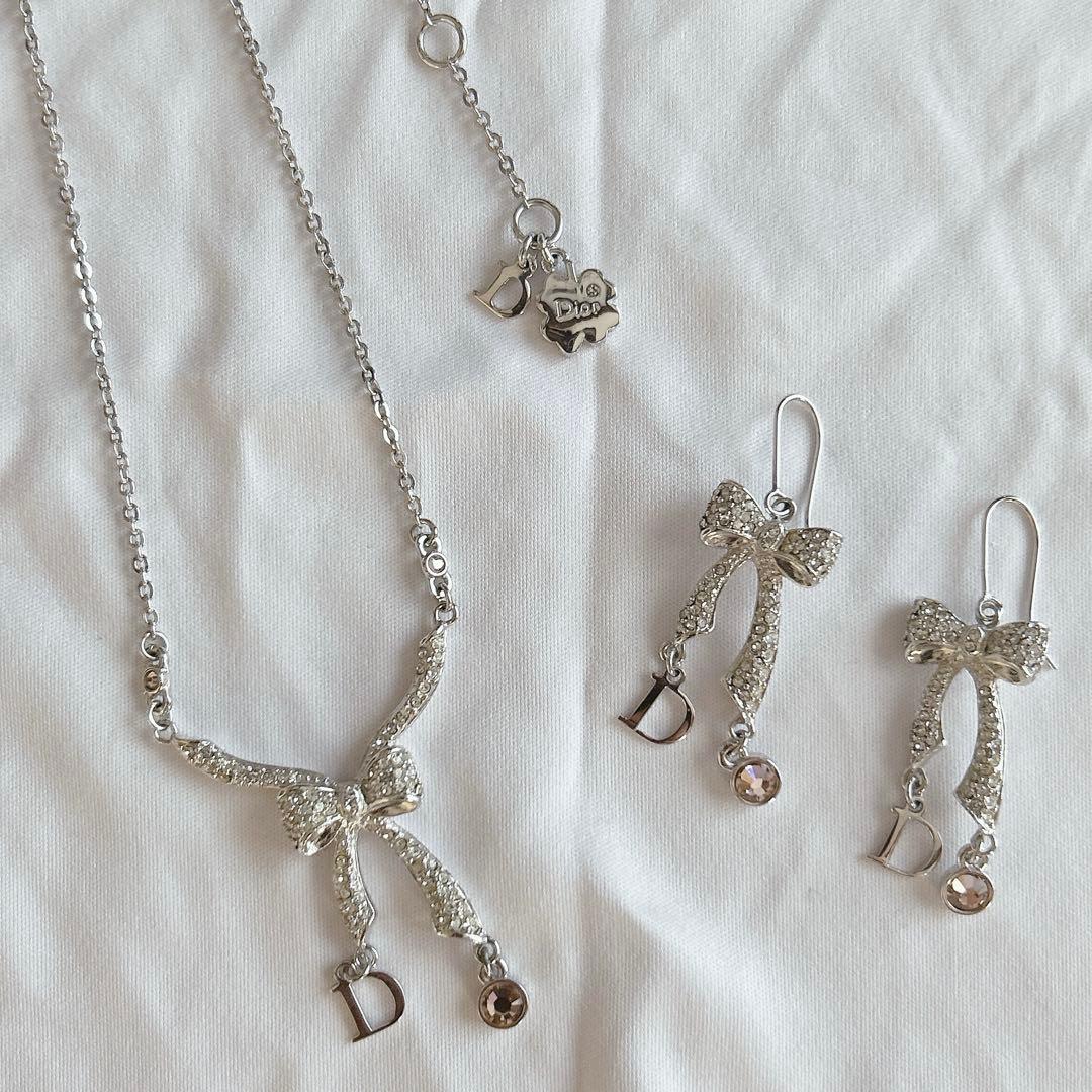 Dior リボン ネックレス ピアス セット ジュエリー アクセサリー シルバー