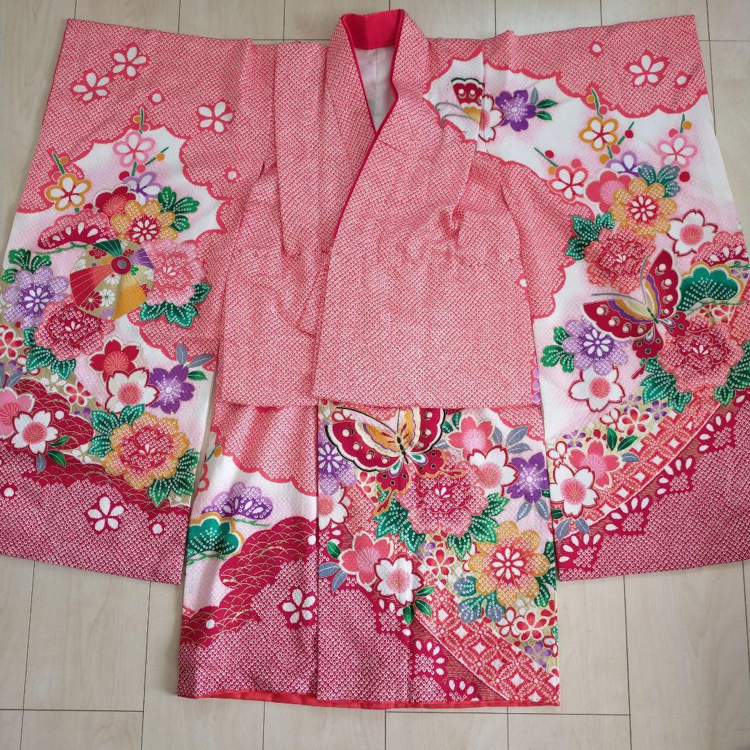 七五三用 赤系 花柄 華やか着物 振袖 小物 草履 7歳女の子 可愛い レトロ