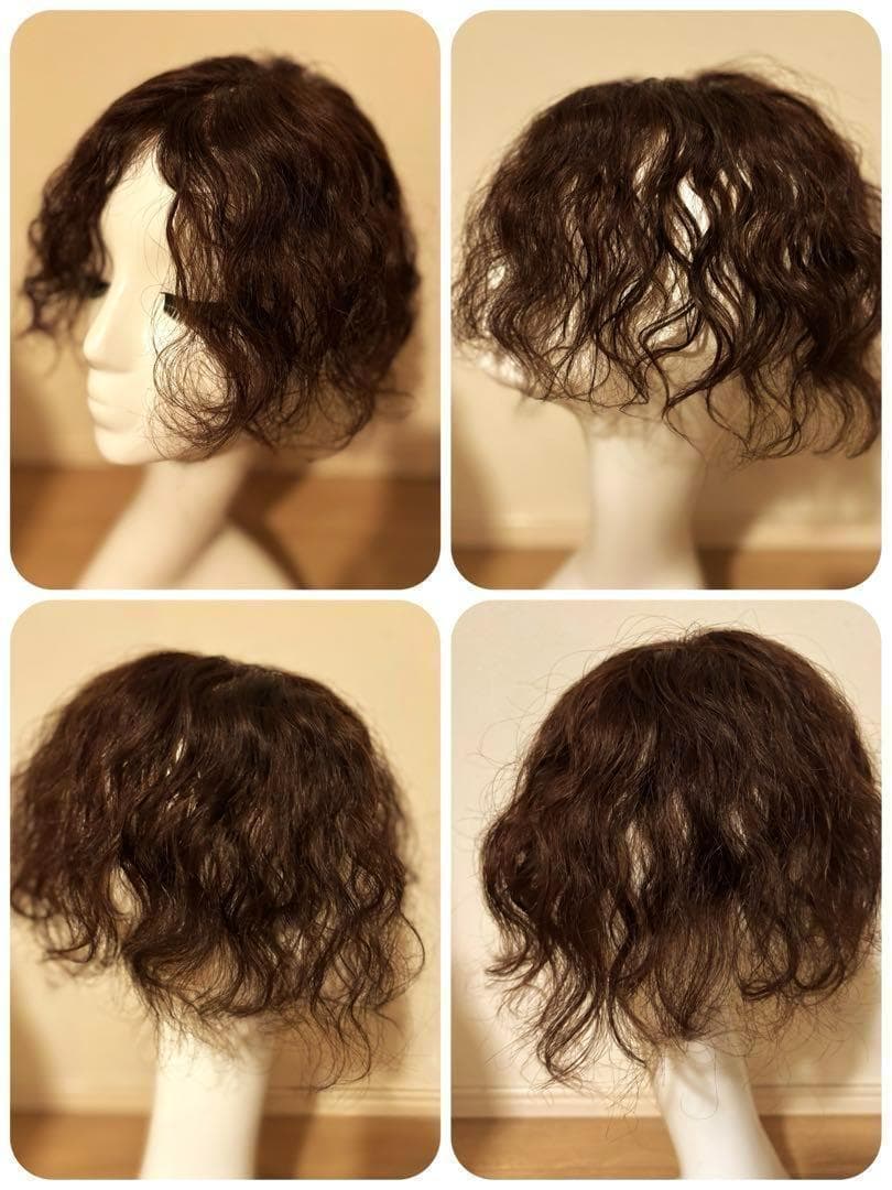 人毛100%　パーマ　ウエーブ　ヘアピース　人工スキン　部分ウイッグ　ブラウン