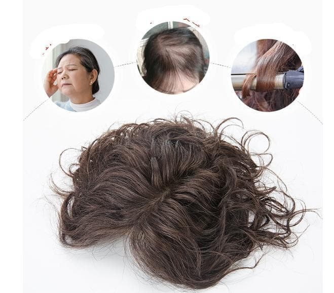 人毛100%　パーマ　ウエーブ　ヘアピース　人工スキン　部分ウイッグ　ブラウン