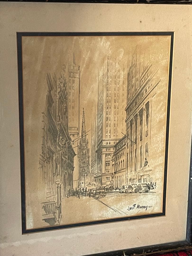 茶*様 50s ビンテージ額装ウォール街NY手書きアート 鉛筆画 作家物ブロカン