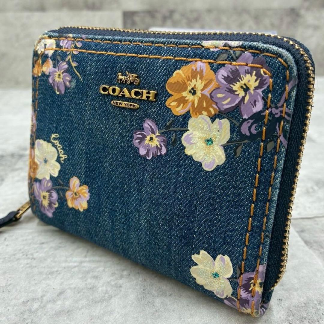 極美品 コーチ デニム ラウンドファスナー コンパクトウォレット ミニ