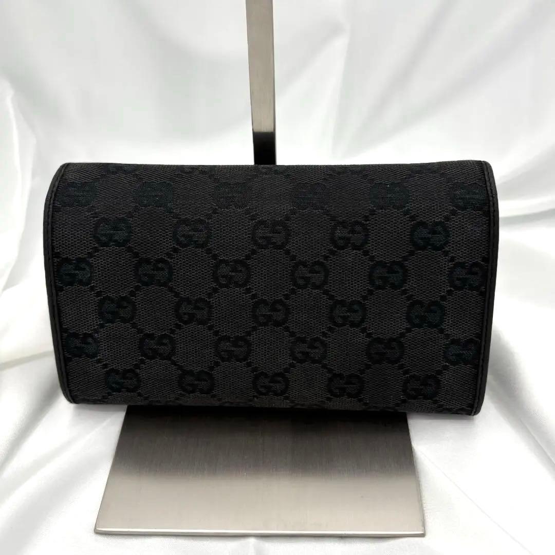【美品】GUCCI グッチ三つ折り財布 GGキャンバス ブラック レザー がま口