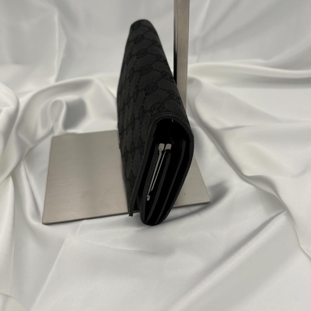 【美品】GUCCI グッチ三つ折り財布 GGキャンバス ブラック レザー がま口