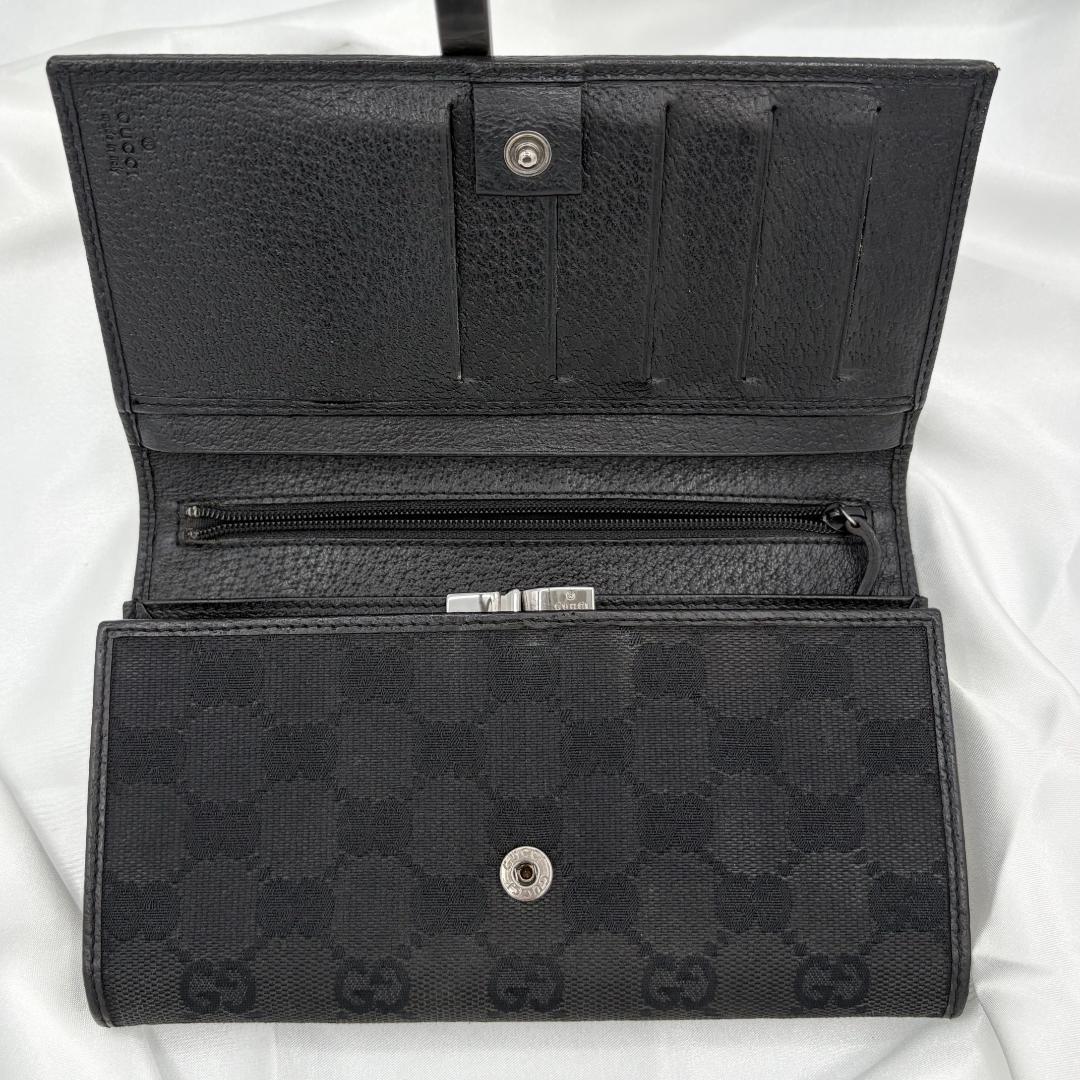 【美品】GUCCI グッチ三つ折り財布 GGキャンバス ブラック レザー がま口