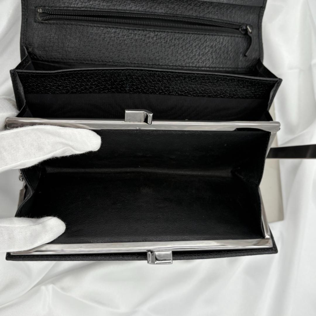 【美品】GUCCI グッチ三つ折り財布 GGキャンバス ブラック レザー がま口