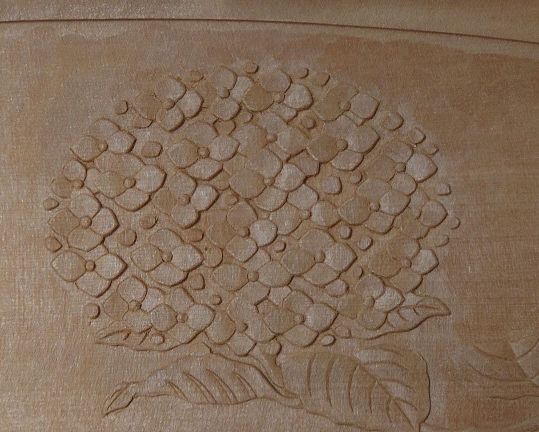 鎌倉彫 桂 木地 木瓜盆 紫陽花文 彫刻 会席盆