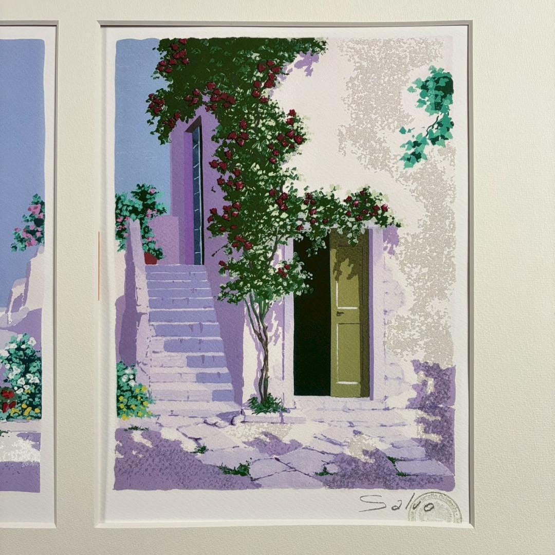 サルボ「エーゲ海 パノラマ」ミクストメディア 直筆サイン入 額装