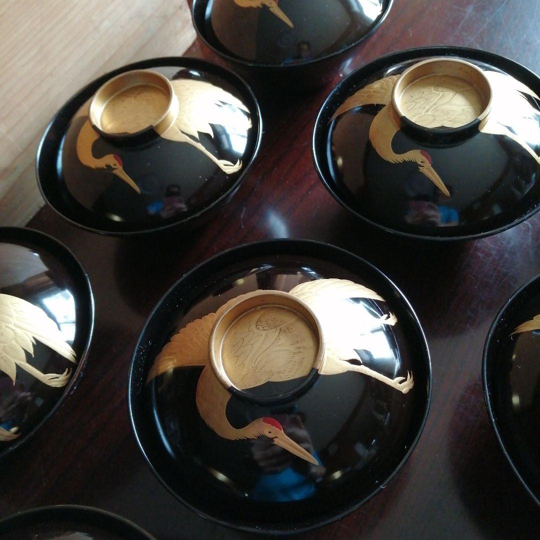 木製漆器　金彩鶴画蓋付椀　9客　12.7cm　大正期　【椀中ヤケあり】