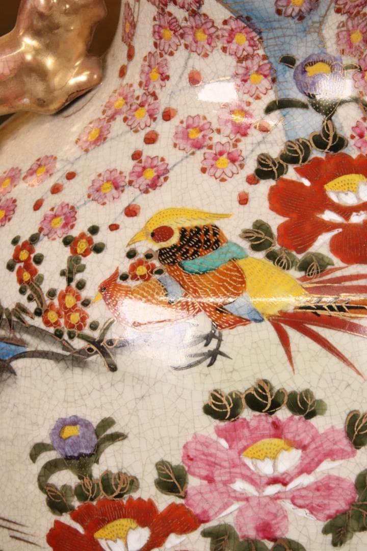 BE716 薩摩焼勇仙作色絵金彩花鳥図獅子耳大花瓶花器壷高さ38cm