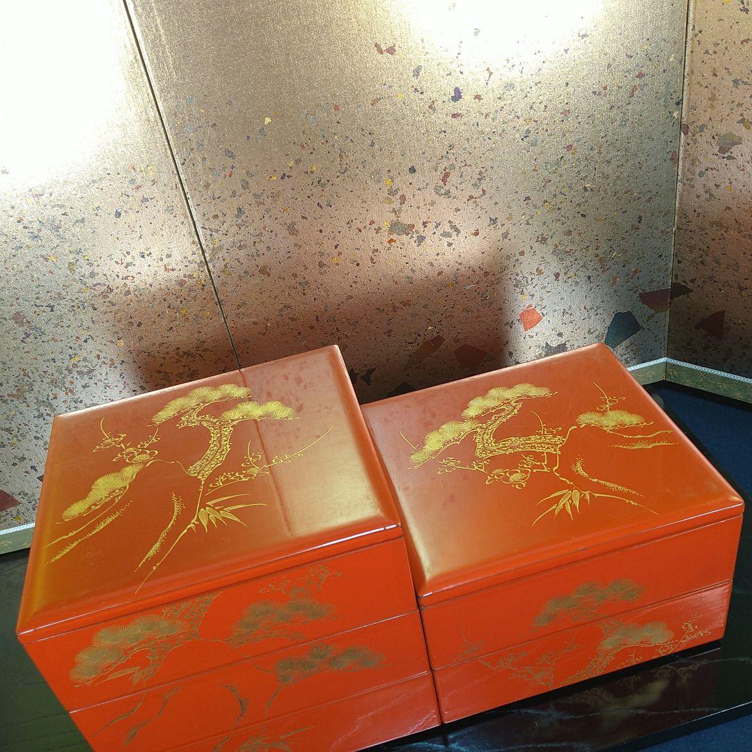 AA236 輪島塗 沈金 蒔絵 五段重ニ枚蓋朱塗り松竹梅木箱入 - メルカリ