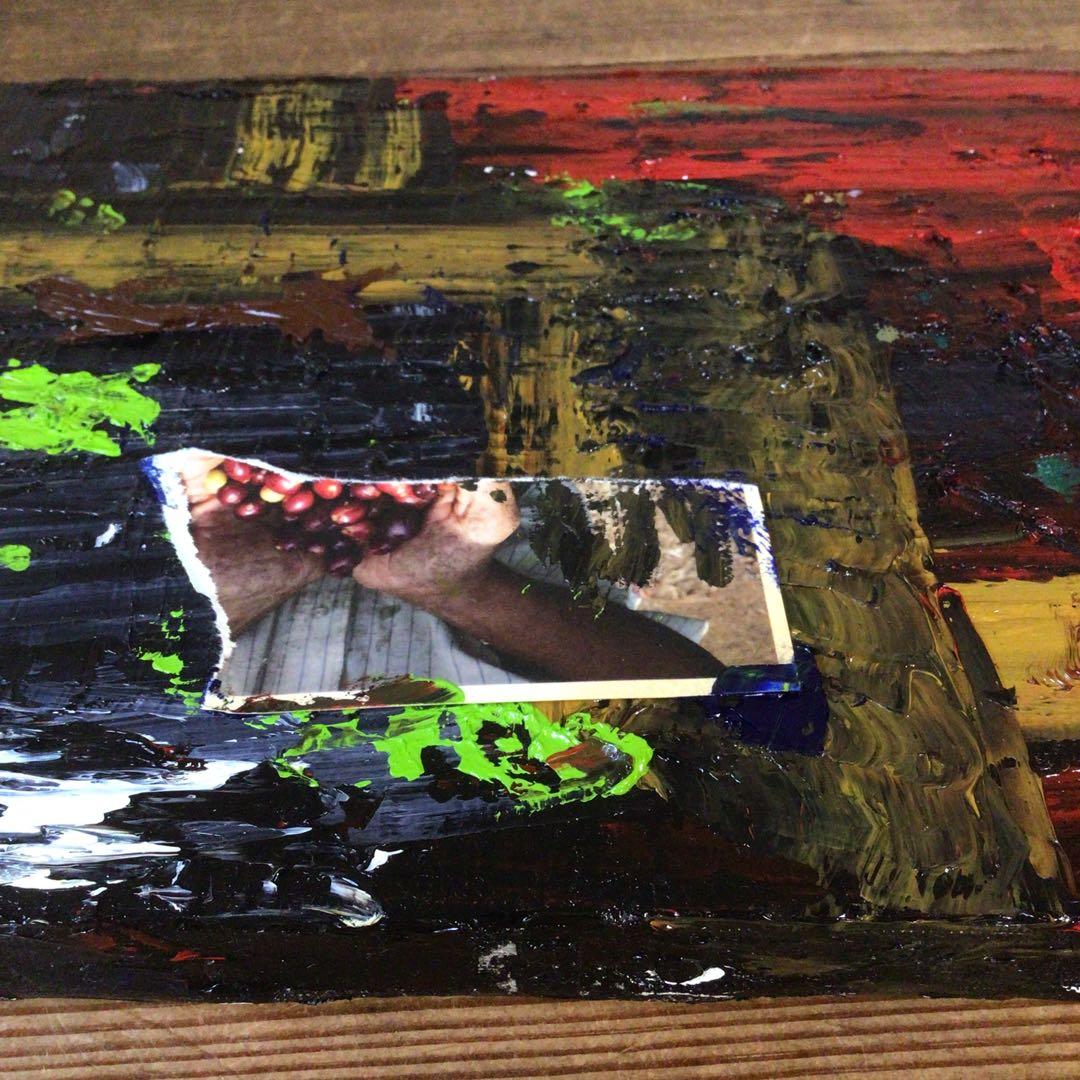 No4127 額装　作者不明　コラージュ画　油彩画　抽象画　現代アート　送料無料