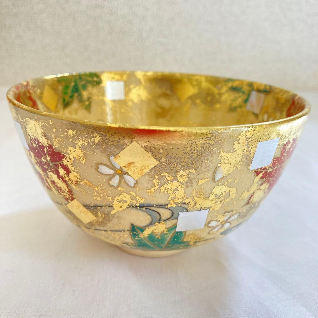 平井覚山 金箔立田川 茶碗