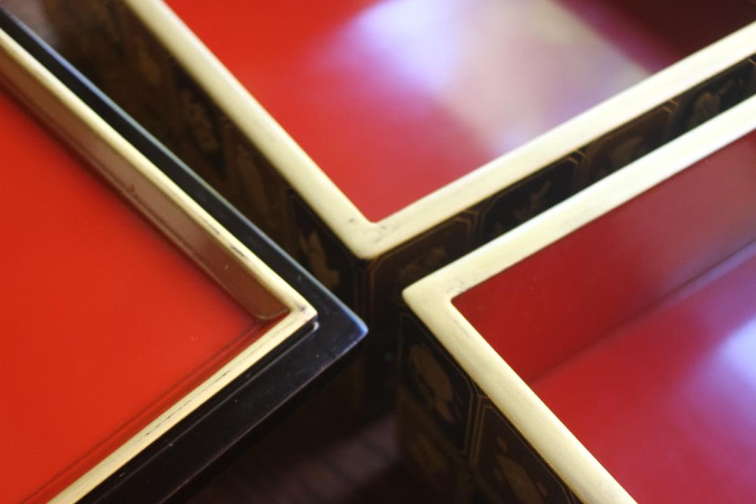 デッドストック！内朱金縁黒漆に極上宝尽蒔絵の映える二段重（検輪島塗重箱お重