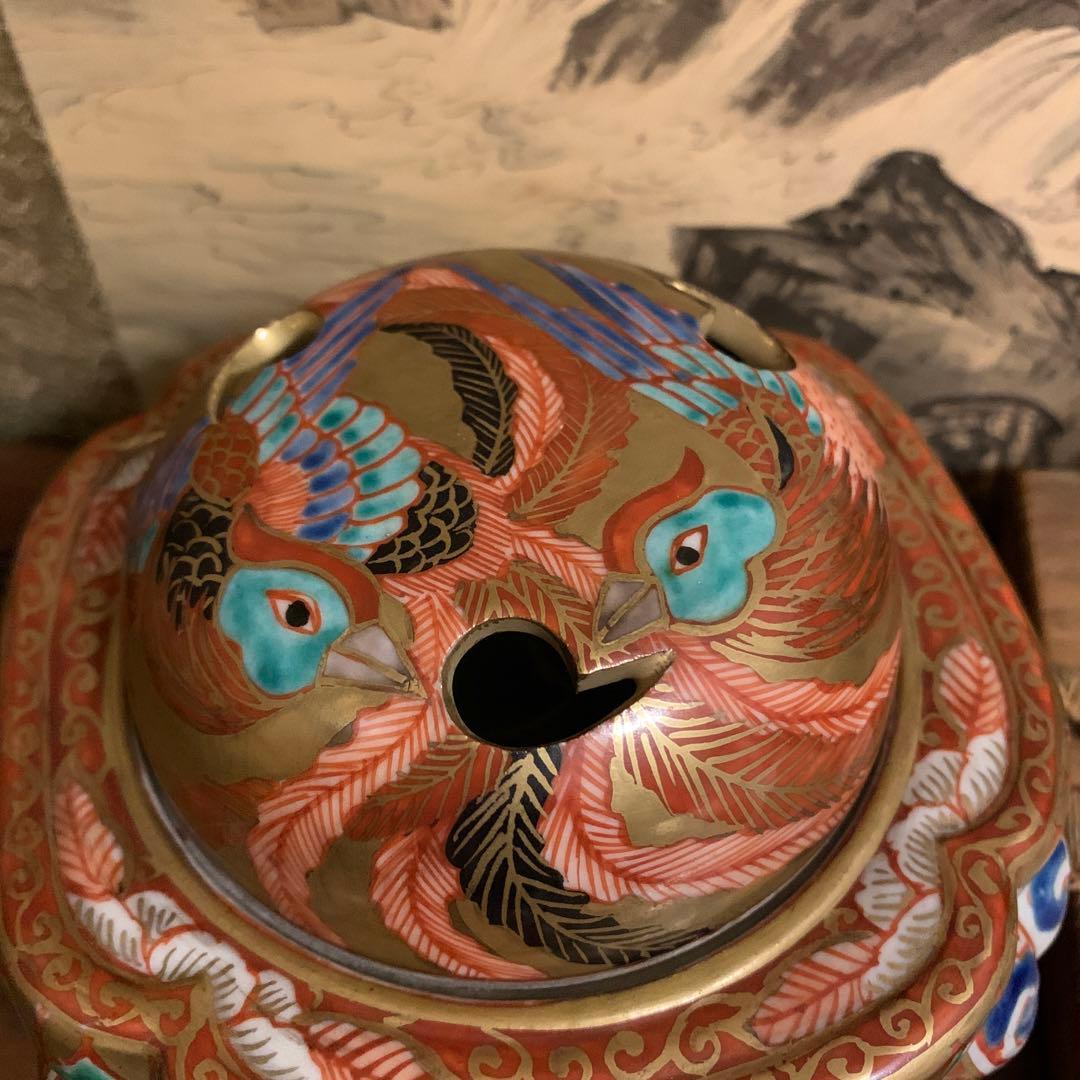 五彩双凤 四脚香炉 角福　珍品　箱付173