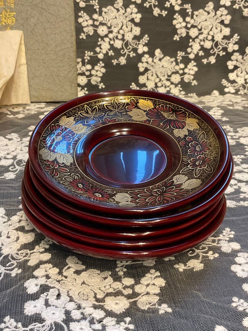 輪島塗 金彩絵換わり茶托五客 輪島塗 茶托 沈金 稲忠（輪島塗）の金蒔絵