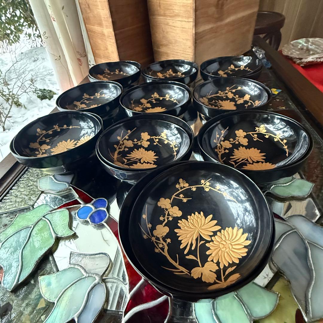 2199様感謝‼️かろやかJAPAN時代蒔絵 豪華四君子富士山形吸物椀5客