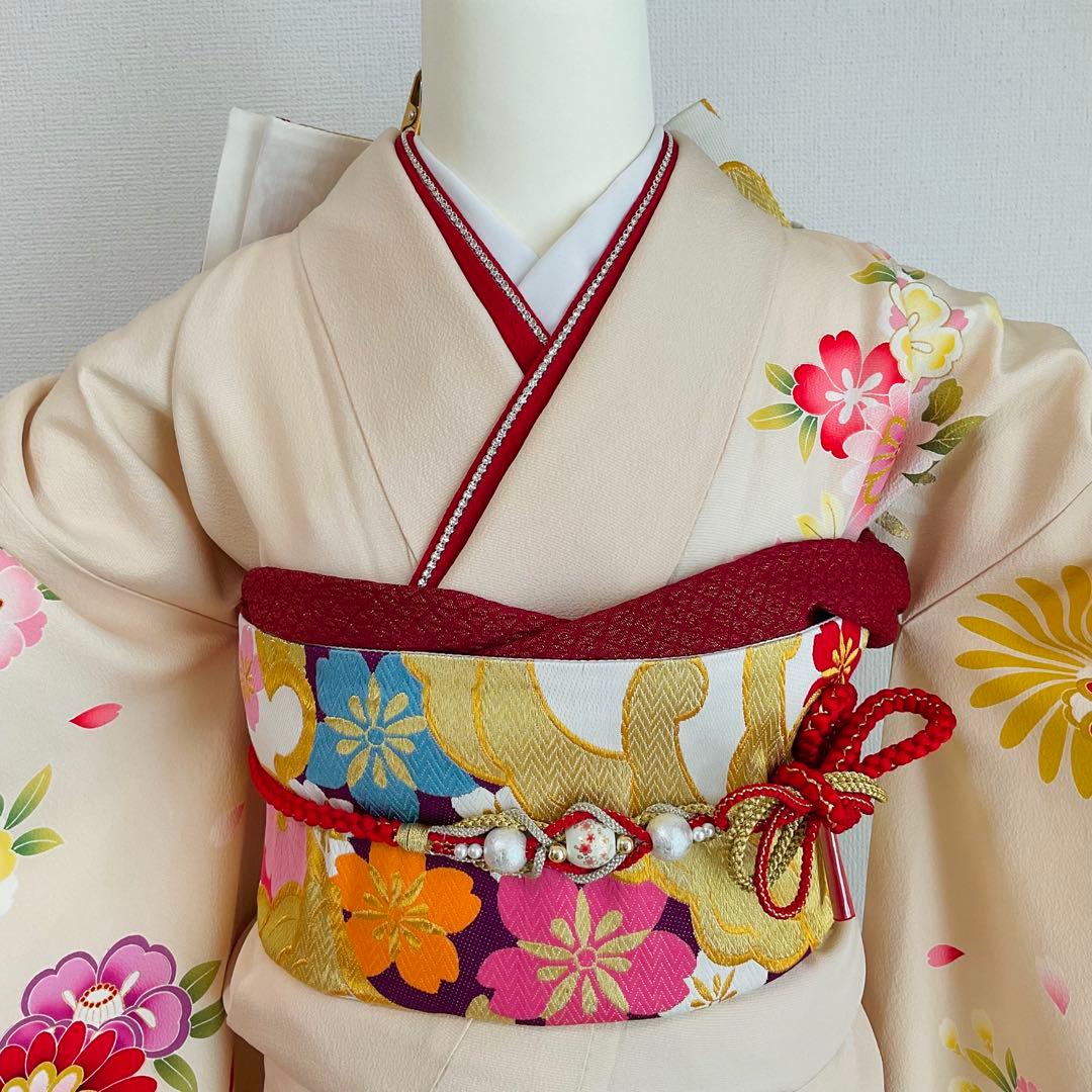振袖 ベージュ系 アイボリー系 菊 鞠 桜 竹 ちりめん地 正絹