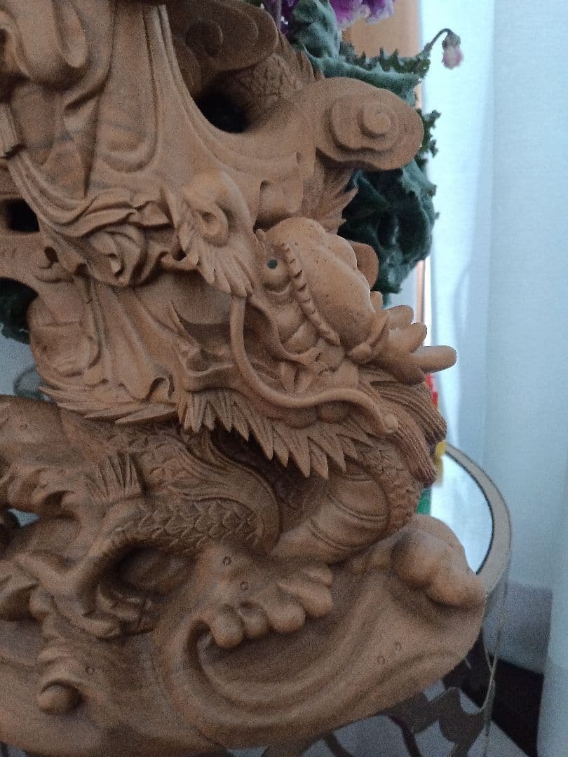 大型 龍乗り 観音菩薩 木彫 仏像 彫刻 開運 風水 置物 縁起物